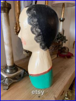 Vintage Style Papier-Mâché French Marotte Shop Display, Milliner's Head, Hat, Wig Stand 2000s