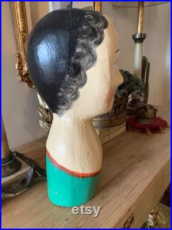 Vintage Style Papier-Mâché French Marotte Shop Display, Milliner's Head, Hat, Wig Stand 2000s