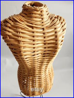 Vintage Wicker Small Dress Form Natural Boho Bohemian Home Décor Jewelry Display Rustic Retro Body Form Metal Legs Decorative Mannequin