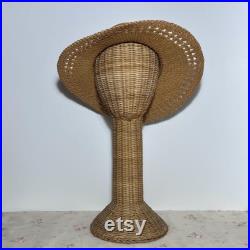 Vintage Woven Wicker Basket Head 21 Hat Stand Display Store Mannequin Form, Tall Wicker Hat Stand, 60s 70s Hat Display Rattan