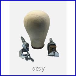 Vintage hat form mannequin head wig holder and accessories, clamps, cloth head form, 22 stamped