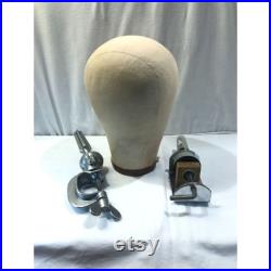 Vintage hat form mannequin head wig holder and accessories, clamps, cloth head form, 22 stamped