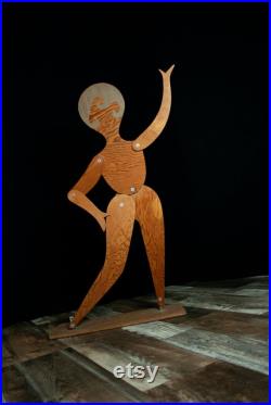 Vintage large wooden woman, stand, 1920s style adjustable dancing lady wood figure, posable jointed silhouette mannequin