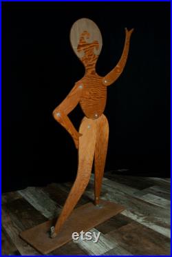 Vintage large wooden woman, stand, 1920s style adjustable dancing lady wood figure, posable jointed silhouette mannequin