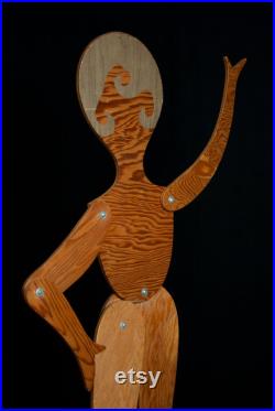 Vintage large wooden woman, stand, 1920s style adjustable dancing lady wood figure, posable jointed silhouette mannequin