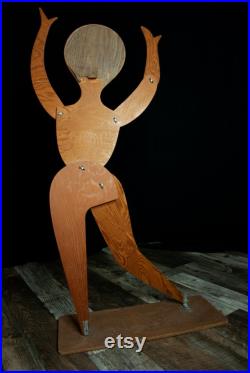 Vintage large wooden woman, stand, 1920s style adjustable dancing lady wood figure, posable jointed silhouette mannequin