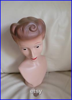 Vintage mannequin bust of woman decor, jewelry or hats display, 13.5 tall.
