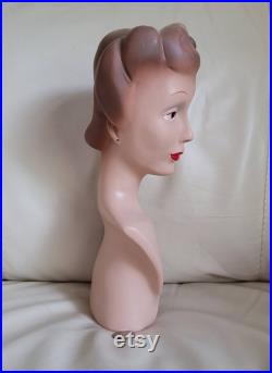 Vintage mannequin bust of woman decor, jewelry or hats display, 13.5 tall.