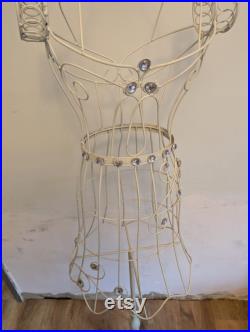 Vintage mid Century dress makers mannequin metal white coated with synthetic jewels