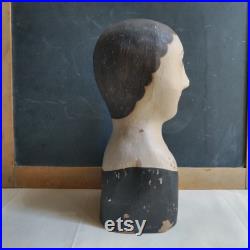 Vintage papier mache head bust mannequin, French hand painted marotte doll reproduction