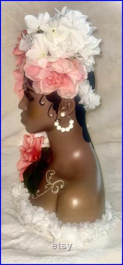 Vintage style Art Deco Flapper Flower Mannequin head African American Bride Bridal faux floral custom jewelry