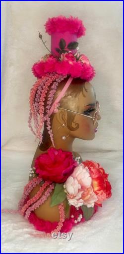 Vintage style Art Deco Flapper Flower Mannequin head African American Bride Bridal faux floral custom jewelry