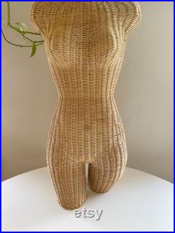 Vintage wicker lady dress model form, woman bust mannequin