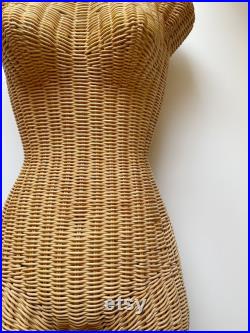 Vintage wicker lady dress model form, woman bust mannequin