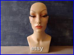 Vintage woman mannequin wig head, French shop hat stand, ladie's face, 80s decor