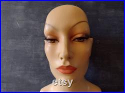 Vintage woman mannequin wig head, French shop hat stand, ladie's face, 80s decor
