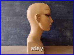 Vintage woman mannequin wig head, French shop hat stand, ladie's face, 80s decor