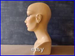 Vintage woman mannequin wig head, French shop hat stand, ladie's face, 80s decor