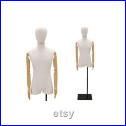 White Linen Male Dress Form Body Form Mannequin with Articulated Arms and Removable Head Base Included M1WLARM