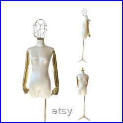 White Satin Female Mannequin Dress Form Gold Wire Head and Articulated Arms