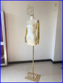 White Satin Female Mannequin Dress Form Gold Wire Head and Articulated Arms