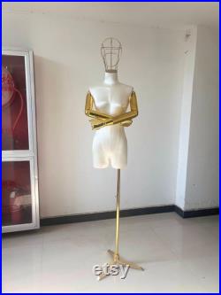 White Satin Female Mannequin Dress Form Gold Wire Head and Articulated Arms