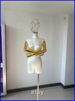 White Satin Female Mannequin Dress Form Gold Wire Head and Articulated Arms