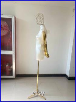 White Satin Female Mannequin Dress Form Gold Wire Head and Articulated Arms