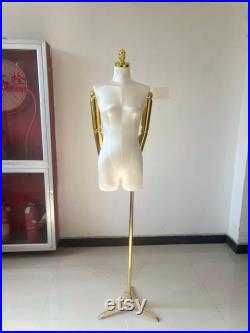 White Satin Female Mannequin Dress Form Gold Wire Head and Articulated Arms