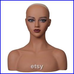 Wig Mannequin Head Female Mannequin Head with Shoulder Realistic PVC Manikin Head for Wig Display or Jewelry Display