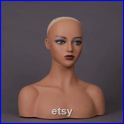 Wig Mannequin Head Female Mannequin Head with Shoulder Realistic PVC Manikin Head for Wig Display or Jewelry Display