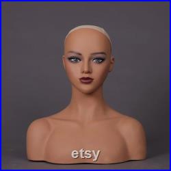 Wig Mannequin Head Female Mannequin Head with Shoulder Realistic PVC Manikin Head for Wig Display or Jewelry Display
