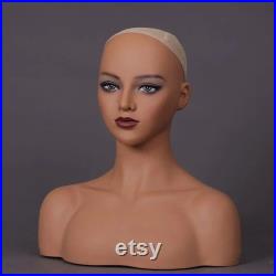 Wig Mannequin Head Female Mannequin Head with Shoulder Realistic PVC Manikin Head for Wig Display or Jewelry Display