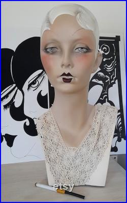 art deco mannequin head beautiful flapper doll house of harlequin 1940s 1920s flapper wig hat display prop lady boutique display oak doll