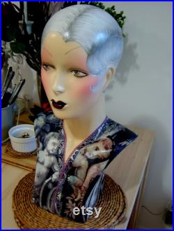 art deco mannequin head blonde hair fibreglass house of harlequin 1940s 1920s flapper wig hat display prop lady boutique display oak doll