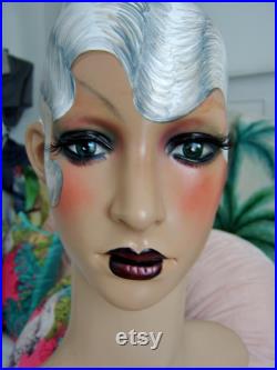art deco vintage boutique style flapper mannequin head wig jewellery display shop 1920 nouveau doll oak headdress performer arts and crafts