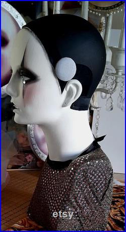 pierrot mannequin head art deco erte inspired harlequin clown jester vintage decorative fashion wig hat jewellery shop display circus 1990s