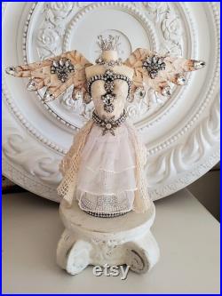 vintage Shabby dress form with crown, angel wings, rhinestones, French, Brocante, miniature mannequin, antique jewelry