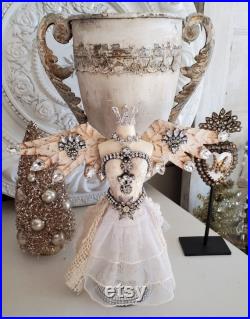 vintage Shabby dress form with crown, angel wings, rhinestones, French, Brocante, miniature mannequin, antique jewelry