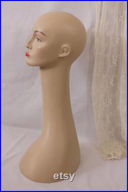vintage swan neck mannequin head with make-up,circa 1980s,female mannequin head ,hard plastic, hat display, wig display,collectable